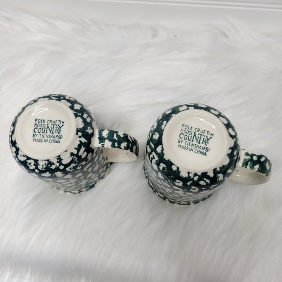 (2) Tienshan Folk Craft Moose Country Coffee Cups Mugs Green White Sponge - Picture 4 of 5